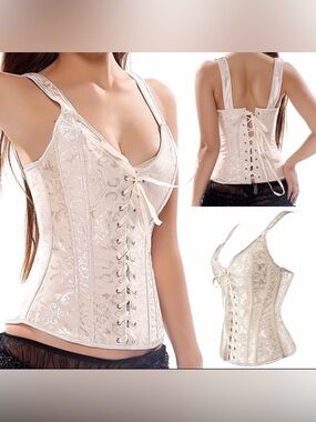 Renaissance Ivory front & back Lace Up Brocade Corset